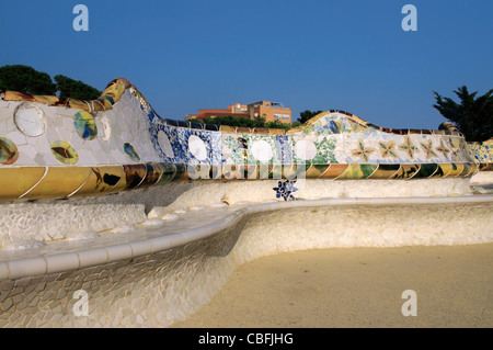 The Wave Bench mosaic seat by Antonio Gaudi within Parc Guell Stock Photo