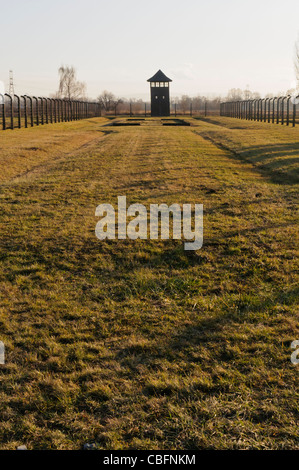 Watchtower beside electrified barbed wire security fence at Auschwitz Berkenau Nazi concentration camp Stock Photo