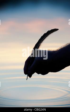 Hand holding quill over water with ripple silhouette Stock Photo