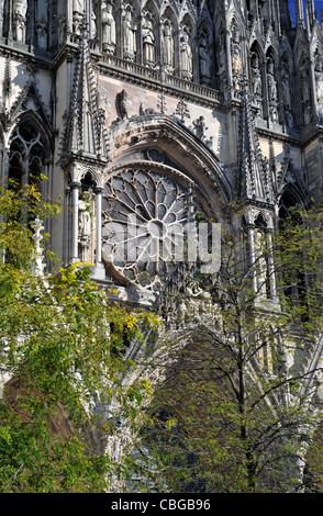 Rose Window Gothic Reims Notre Dame Cathedral - Our Lady of Rheims - in the Champagne region of France, built in 13th Century, Stock Photo