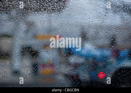 Vehicle seen through condensation on window Stock Photo