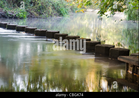 The Stepping Stones crossing the River Mole underneath Box Hill in between Dorking and Leatherhead in Surrey. Stock Photo