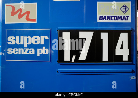 Italy, Rome, gas station sign, super unleaded fuel price Stock Photo