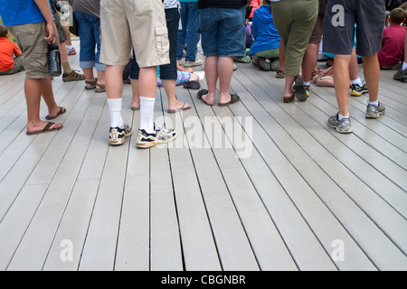 Deck lumber made from recycled plastic at Old Faithful viewing area in Yellowstone National Park, Wyoming, USA. Stock Photo