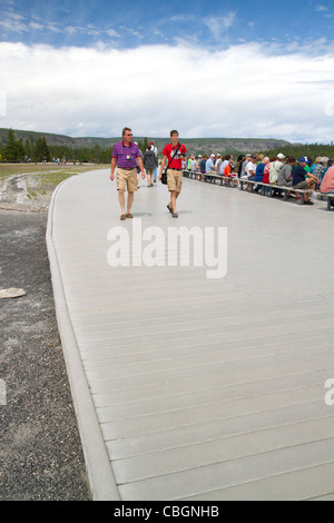 Deck lumber made from recycled plastic at Old Faithful viewing area in Yellowstone National Park, Wyoming, USA. Stock Photo