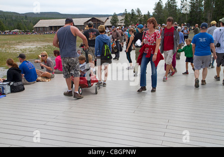 Deck lumber made from recycled plastic at Old Faithful viewing area in Yellowstone National Park, Wyoming, USA. Stock Photo