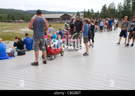 Deck lumber made from recycled plastic at Old Faithful viewing area in Yellowstone National Park, Wyoming, USA. Stock Photo