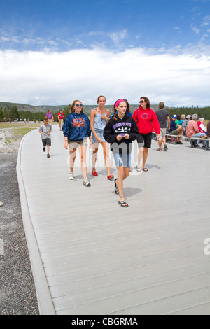 Deck lumber made from recycled plastic at Old Faithful viewing area in Yellowstone National Park, Wyoming, USA. Stock Photo