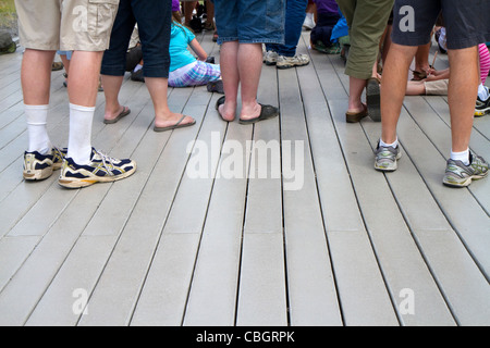 Deck lumber made from recycled plastic at Old Faithful viewing area in Yellowstone National Park, Wyoming, USA. Stock Photo