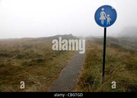Empty walking path, footpath, walkway. Lonely, traffic sign for pedestrians only. Thick fog, low visibility.