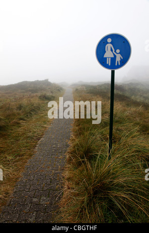 Empty walking path, footpath, walkway. Lonely, traffic sign for pedestrians only. Thick fog, low visibility.