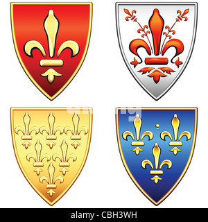 traditional old shields with the arms of France and Florence, lily (fleur de lis) in blue, red, gold, silver background, isolate Stock Photo