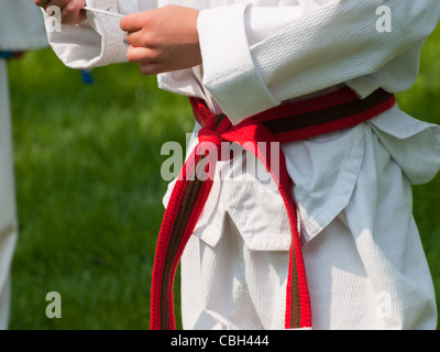 TaeKwonDo school practice on lawn in the park. Stock Photo