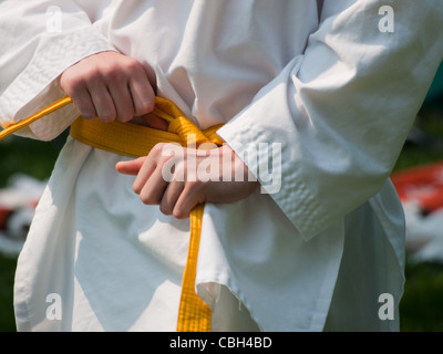 TaeKwonDo school practice on lawn in the park. Stock Photo