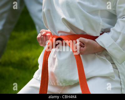 TaeKwonDo school practice on lawn in the park. Stock Photo