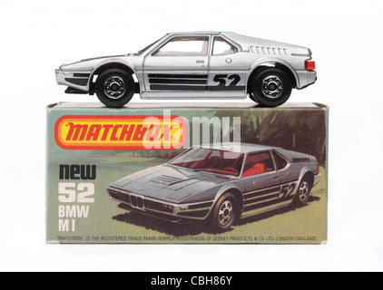 A view of a Matchbox toy car from the late 70's and early 80's from side on and on white Stock Photo