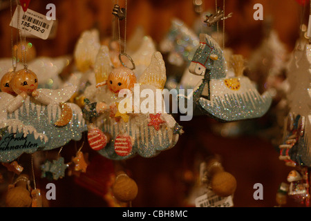 Various Christmas tree ornaments displayed for sale at the Christmas Market in Leipzig, Germany. Stock Photo