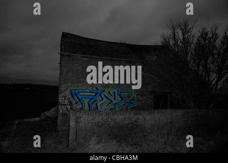 Black and white view of a barn with graffiti in colour on the side of the barn Stock Photo