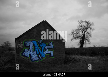 Black and white view of a barn with graffiti in colour on the side of the barn Stock Photo