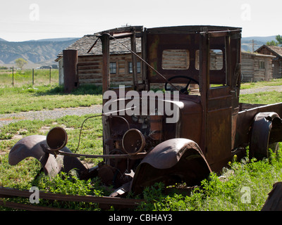 An old rusted Ford truck sits on a farm. Museum of the Mountain West in Montrose, Colorado. Stock Photo