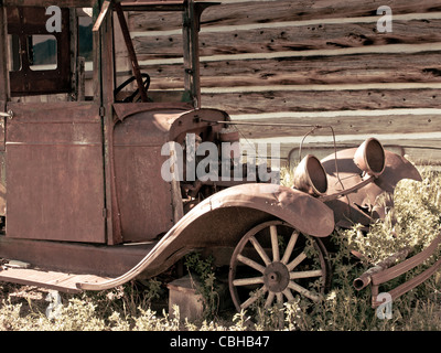 An old rusted Ford truck sits on a farm. Museum of the Mountain West in Montrose, Colorado. Stock Photo