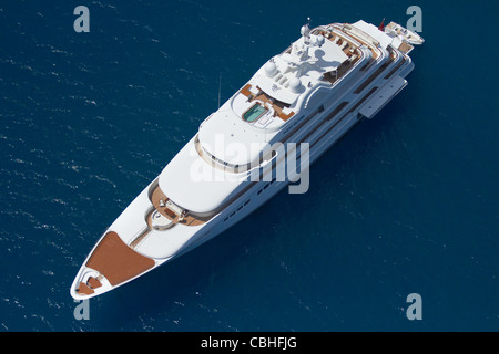 'Ocean Victory' superyacht, Mamanuca Islands, Fiji, South Pacific - aerial Stock Photo