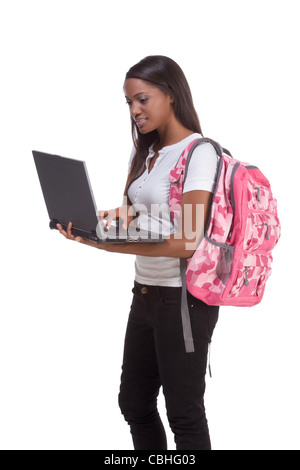 education series template - Friendly ethnic black woman high school student typing on portable computer Stock Photo