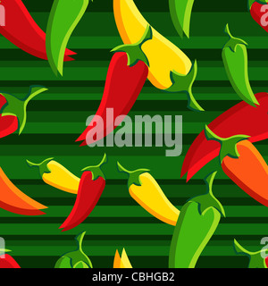 Seamless chilli peppers pattern with green stripe background  Stock Photo