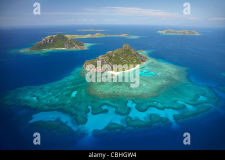 Monuriki Island and coral reef, Mamanuca Islands, Fiji, South Pacific - aerial