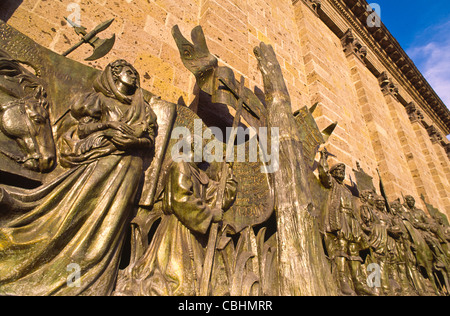 Sculpture of founding of city in 1542 on wall of Degollado Theater in Guadalajara, Jalisco, Mexico Stock Photo