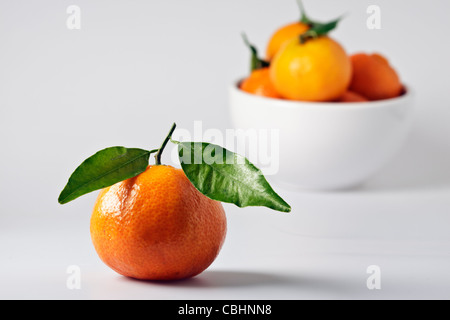 A clementine with stem and leaves beside a white bowl of clementines against a white background Stock Photo