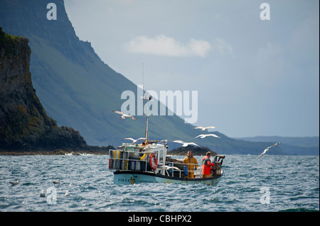 Small fishing boat hauling creels off the coast of the Isle of Mull, Scotland.  SCO 7798 Stock Photo