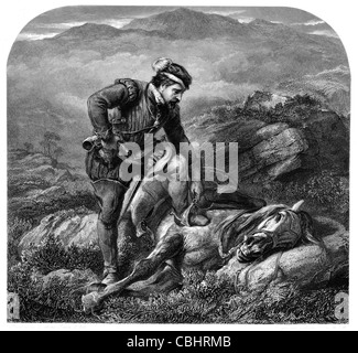 Lady of the Lake Death Gallant Grey horse period costume death sad unhappy highlands travel transport exhaustion Stock Photo