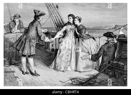 The Pirate Minna taking a Pistol from Bunce to defend herself and sister ship captain sailor lady Duchess boarding sail Stock Photo