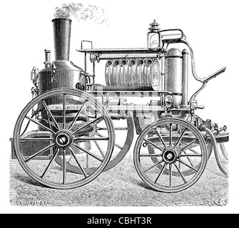 Steam fire engine, invented by Merryweather, historical wood engraving ...