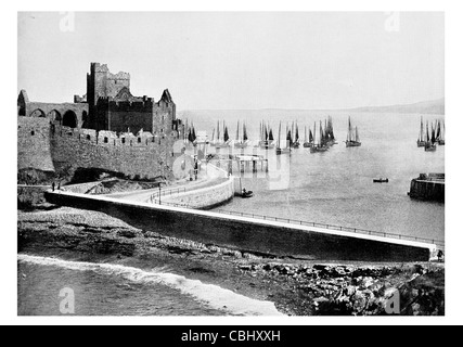 Peel Castle Isle of Man Manx National Heritage tourist attraction Celtic towers Viking Arthurian Avalon fishing fleet harbour Stock Photo