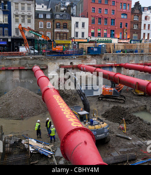 Deep foundation – with lateral supports for the hole sides – on a building site / construction sites in Westminster, London UK. Stock Photo