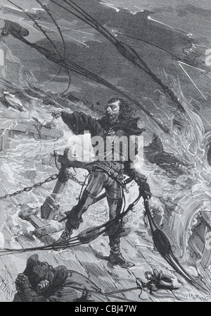 Vasco da Gama (c1469-1524) Ist Count of Vidigueira. Portuguese Explorer and Navigator at the Helm of a Ship. Vintage Illustration or Engraving Stock Photo