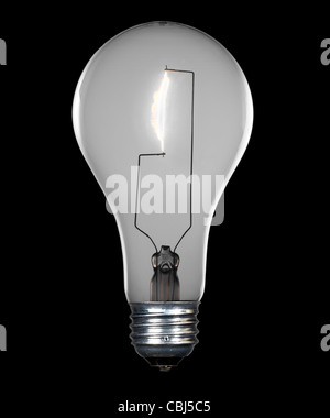 Isolated photo of incandescent light bulb with its tungsten filament alight. Image isolated against black with path Stock Photo