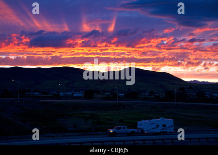 Sunset along Interstate 15 near Dillon, Montana, USA. Stock Photo