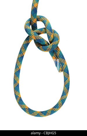 bowline loop knot in yellow, blue, and green climbing rope isolated on white Stock Photo