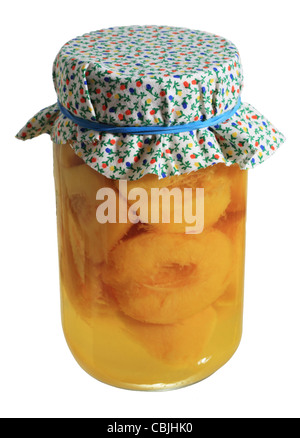 jar of home canned peaches isolated on white Stock Photo