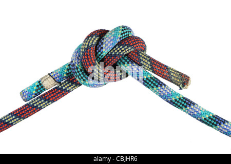 overhand knot in red and blue climbing ropes isolated on white Stock Photo