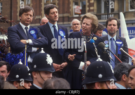 Mrs Margaret Thatcher General Election 1983 West Midlands.  Making a speech, political hustings with group of local male Tory parliamentary candidates 1980s Uk . HOMER SYKES Stock Photo