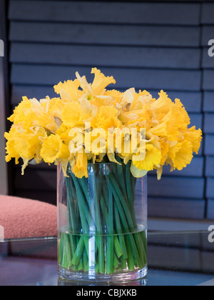Bunch of yellow daffodils in glass vase on the table. Stock Photo