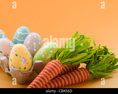 Box with painted easter eggs. Stock Photo