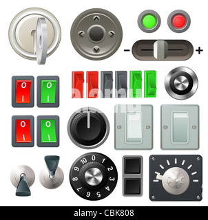 A set of knobs, switches and dials Stock Photo