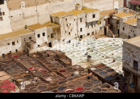 Dyeing and curing pits of the ancient Chouara Tannery, Fes, Morocco Stock Photo