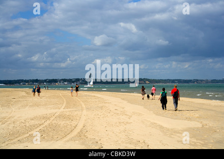 Walkers on Shell Bay beach looking towards Sandbanks, Poole, Dorset, UK Stock Photo