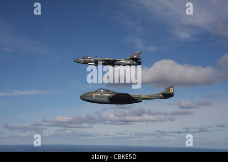 de Havilland DH 110 Vampire and Hawker Hunter vintage jet fighters of the Swedish Air Force Historic Flight. Stock Photo
